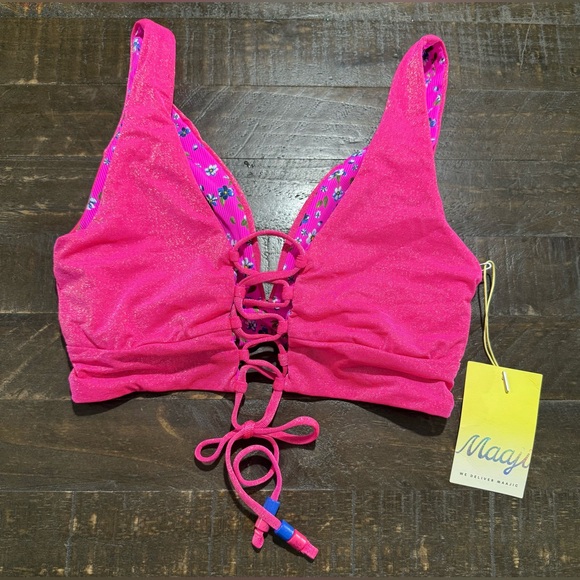 NWT Maaji Reversible Pink Shimmer Floral Bikini Top Bottom Swimsuit Sz Medium - Picture 3 of 16
